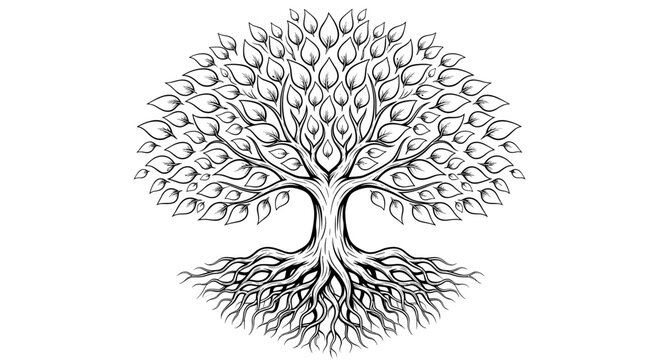 Stylized tree of life with intricate roots and abundant leaves in black and white illustration vector