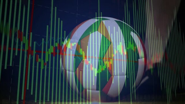 Leg entering from right, kicking soccer ball to displace it right while financial charts animating