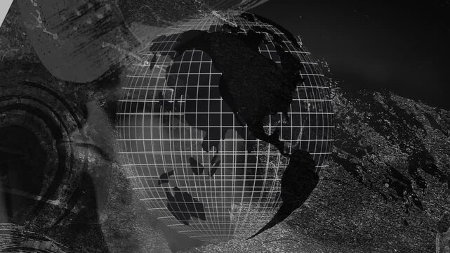 Playback starting, wireframe globe rotating westward, textures shifting and centering Americas