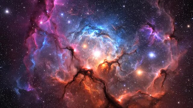 reathtaking 3D digital artistic rendition of a cosmic nebula featuring vibrant clouds of pink, blue, and orange gas with glowing stars in deep space