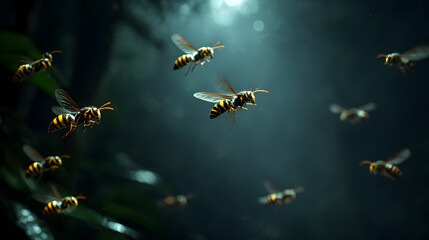 Several wasps flying in a Thai forest at night, wings spread in motion, sharp slender bodies with yellow and black stripes, hovering aggressively in the dark jungle air, dense tropical forest