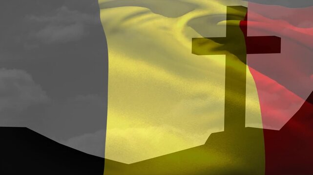 Vertical tricolour flag rippling from wind, revealing cross silhouette and smoothing folds