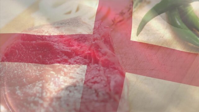 Camera zooming, central raw meat sharpening focus while flag overlay drifting, showcasing texture