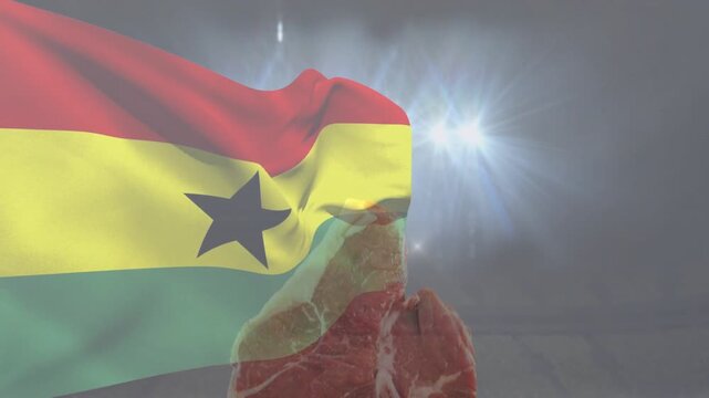 Spotlights appearing tricolor flag waving and thinning revealing raw steak on wood board for reveal