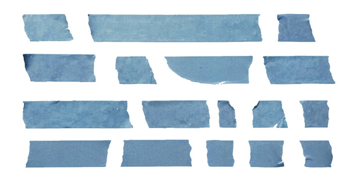 A collection of various torn pieces of blue painter's tape isolated on a clean white background