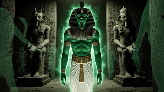 Resurrection of Osiris, Egyptian god of afterlife and rebirth, glowing green aura in ancient tomb with hieroglyphs and Anubis statue, mystical divine presence video footage