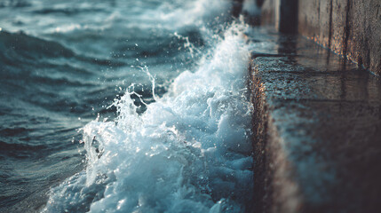 Side view of Ocean waves thrashing against a concrete wall