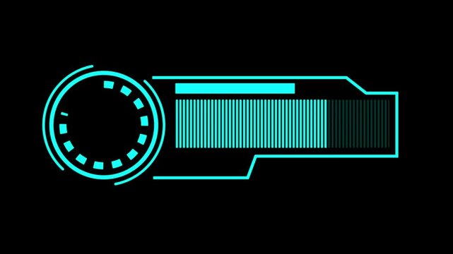 Cool cyan futuristic HUD graphic with a loading progress bar and circular gauge on a dark background, perfect for tech and digital interfaces.