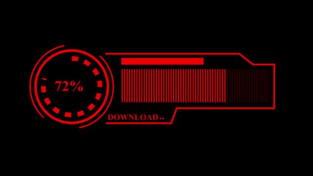 Red download progress bar video with animated meter from 0% to 100%  and a circular indicator on a black background, suitable for gaming and tech.