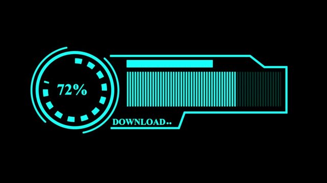 Cyan futuristic download screen animation with a circular progress meter and bar filling up to 100%, great for sci-fi interfaces and data transfer.