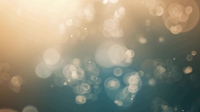 Glowing clustered orbs drifting as warm top light sending rays over blue scene, forming calm glow