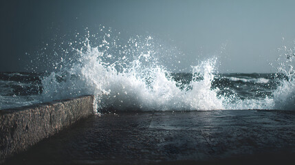 Side view of Ocean waves thrashing against a concrete wall