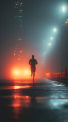 Silhouette runner in foggy neon city, dramatic cinematic lighting, motivational concept, ultra realistic, high contrast