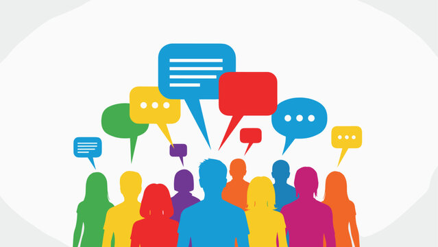 Colorful silhouettes of people with multiple speech bubbles overhead representing communication and public opinion.