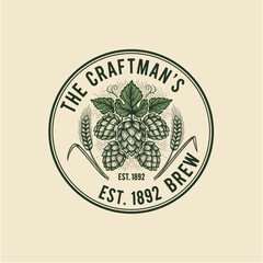 Brewery Vintage Logo with Hops Barley and Scythe for Craft Beer Est 1892