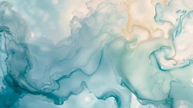 Swirling marbled artwork shifting and diffusing in studio on playback start, showing teal veins