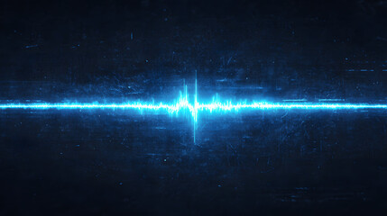 single horizontal audio waveform line, voice sound pattern with natural speech rhythm, neon electric blue, glowing pulse effect, dark textured digital background, subtle grain, cyberpunk interface