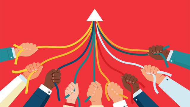Multiple hands of diverse skin tones holding colorful ropes that converge into a single white triangle point.