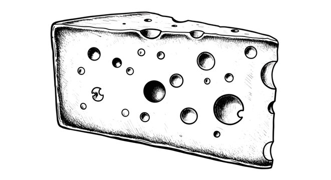A detailed line art drawing of a wedge of Swiss cheese, showing its distinctive holes and texture
