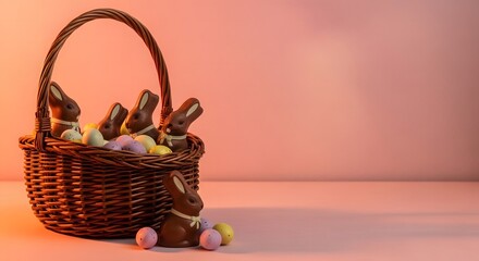 Easter sunday celebration with chocolate bunnies and eggs in a woven basket