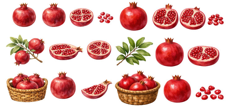 A charming watercolor collection of pomegranate clipart, including whole fruits, halved sections, scattered seeds, leafy branches, and woven baskets.