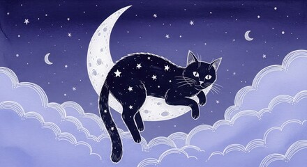 A black cat floats on a crescent moon surrounded by clouds and stars in a dreamy night sky illustration