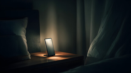 Smartphone glowing on dark bedside table, soft ambient light, late night quiet mood, cinematic minimal realism