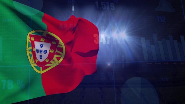 Left wind causing Portugal flag entering, waving, crest shifting, charts pulsing for data display