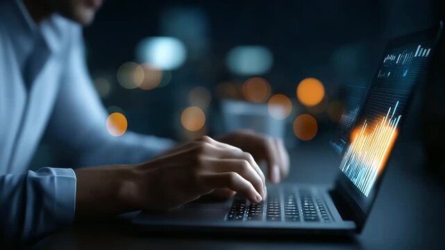 Faceless person typing on laptop with glowing digital interface heavily defocused background with data visualizations anonymous user with technological interaction business anal