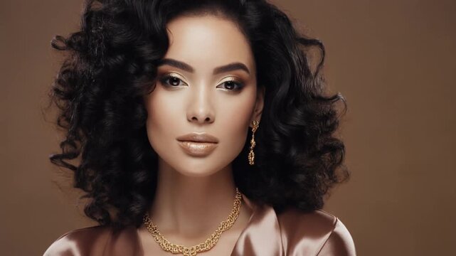 A beautiful brunette fashion model with long curly hair and glamour makeup poses for a studio portrait showcasing her elegant style and sensuous brown eyes