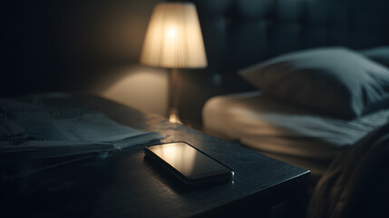 Smartphone glowing on dark bedside table, soft ambient light, late night quiet mood, cinematic minimal realism
