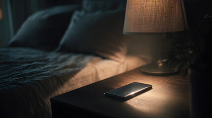 Smartphone glowing on dark bedside table, soft ambient light, late night quiet mood, cinematic minimal realism