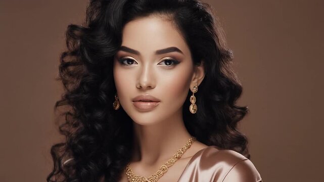 A glamour studio portrait of one beautiful brunette fashion model with long curly hair and a stylish smile showcasing professional makeup and glowing skin