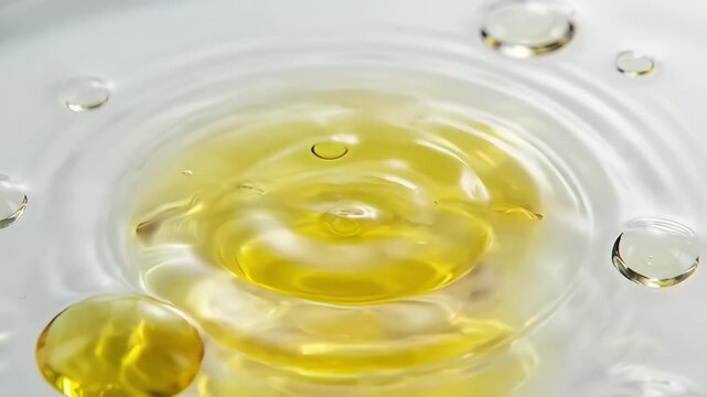Yellow oil drop bubble floating and merging in liquid water abstract macro