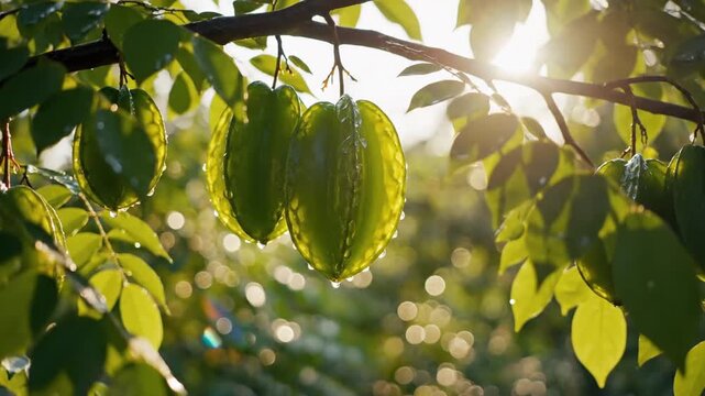 Fresh green star fruits with water drops