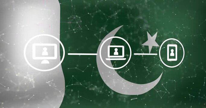 Initial PC appearing laptop and phone nodes linking lines visualizing network over Pakistan flag