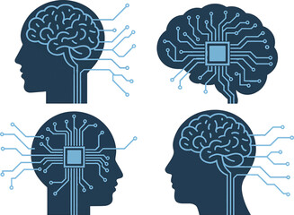 Brain and technology icon set. Includes AI, artificial intelligence, circuit board, human head, and microchip symbols. Created in modern style with blue and white palette.