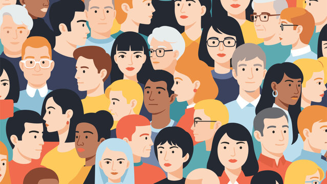 Vibrant illustration of a large diverse crowd of people faces shows unity and multicultural representation in society.