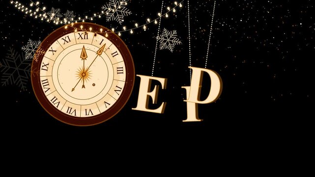 Vintage clock and Eid snowflakes on midnight background animation