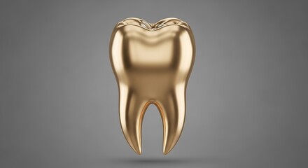 A single, shiny golden molar tooth isolated on a clean, smooth grey background, 3D render.