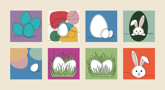 A collection of Easter eggs and a bunny in minimalist vector style, ideal for spring holiday designs