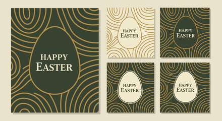 A set of Happy Easter greeting cards featuring elegant egg designs in minimalist style with gold lines and a green background, perfect for spring celebrations