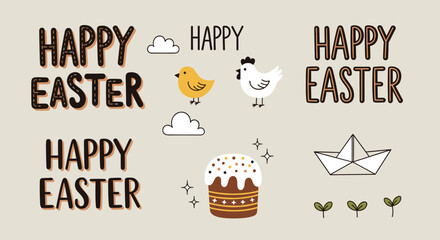 A festive Easter illustration featuring cheerful elements like cute chicks, cakes, and decorative text in a playful minimalist vector style, ideal for holiday greetings and designs © vadymstock