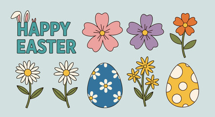 A festive Easter illustration featuring colorful flowers and decorated eggs in a modern flat vector style, perfect for holiday greetings and decorations © vadymstock