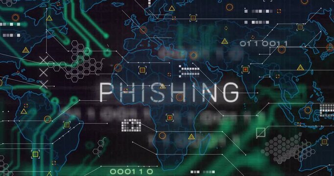 Partial reveal sparking PHISHING appearing center, green traces entering, hex clusters mapping risk