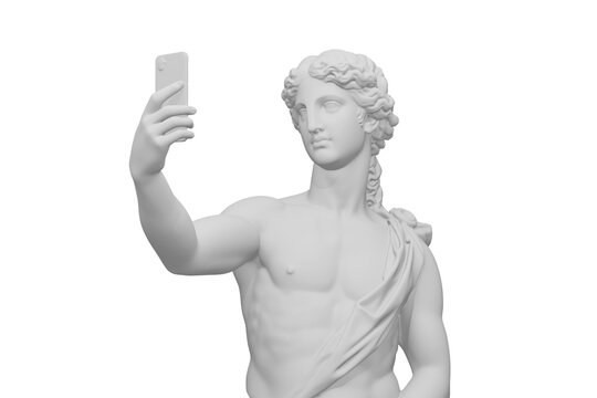 Selfie classical-style marble statue of a young man, portrayed in a humorous and anachronistic pose. The figure is captured from the waist up. 3D rendering.