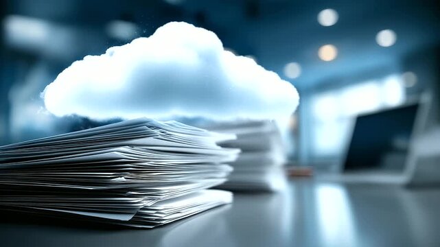 Futuristic file management interface showing document scanning heavily defocused cloud data storage background digital organization system paperless office technology