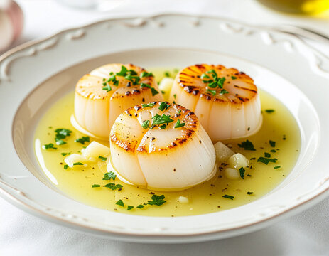 Nahaufnahme von gebratenen Jakobsmuscheln mit goldbrauner Kruste in Knoblauch-Kr&auml;uter-Butter auf einem eleganten wei&szlig;en Teller.