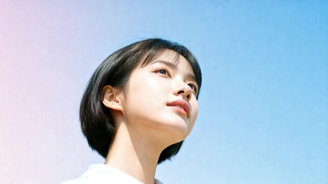 Tilting Asian woman seeking sunlight at park, closing and opening eyes and wearing white shirt