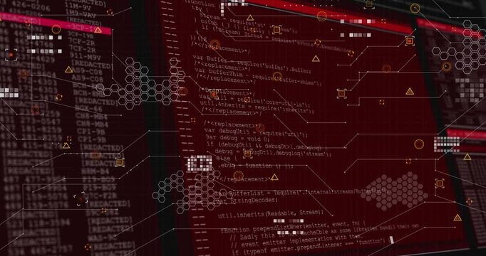 Red panel sliding right revealing code, pulsing HUD markers and hex clusters showing system status